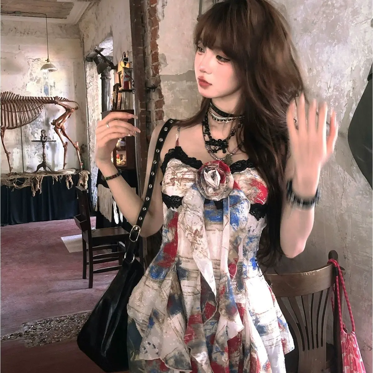 Spicy Girl Oil Painting Art Printed Camisole Vest, Summer Flower Flower Flower Sleeveless Design, Irregular Splicing Lace Top