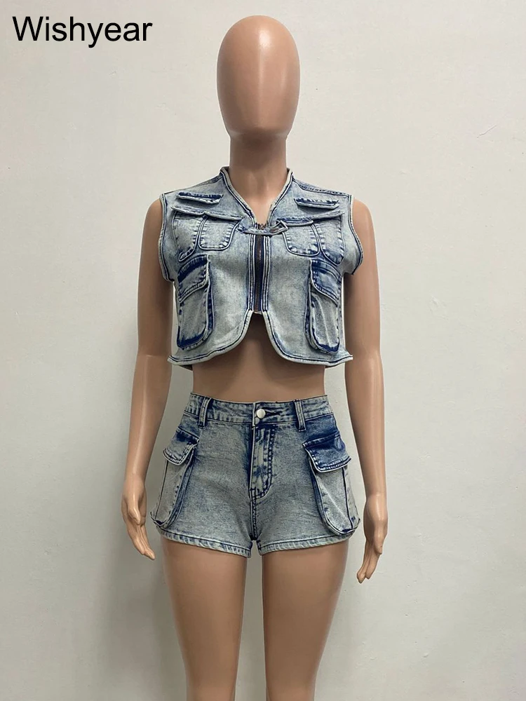 Sexy Stretch Denim Pockets Sleeveless Vest Jackets Crop Tops and Shorts Jeans Women Two 2 Piece Set Birthday Club Beach Outfits