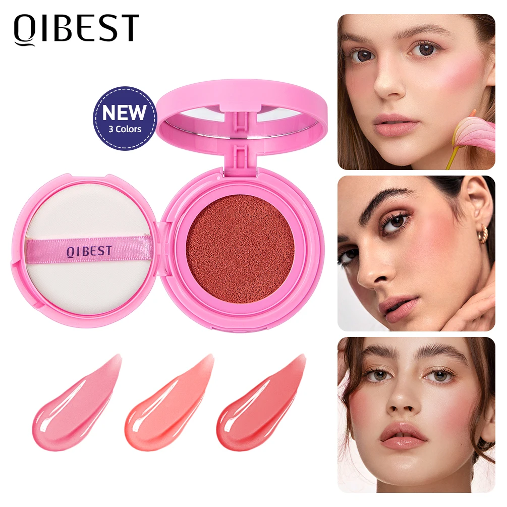 QIBEST Air cushion powder blusher Palette Long-lasting Natural Cheek Contour Tint Peach Pink Face Blusher Cosmetics Cheek Blush