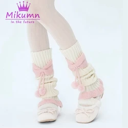 Harajuku Y2k Girls Cute Bow Plush Ball Leg Warmers Socks Japanese Lolita Kawaii Sweet JK Pink Ruffles Knitted Warm Leg Cover