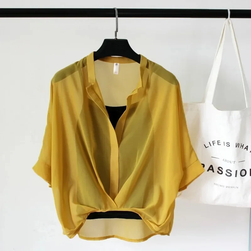 2025 Fashion Two Piece Set Chiffon Shirts Summer Half Sleeve Loose V-Neck Casual Smock Sexy and Slim Fit Solid Tank Top 19483