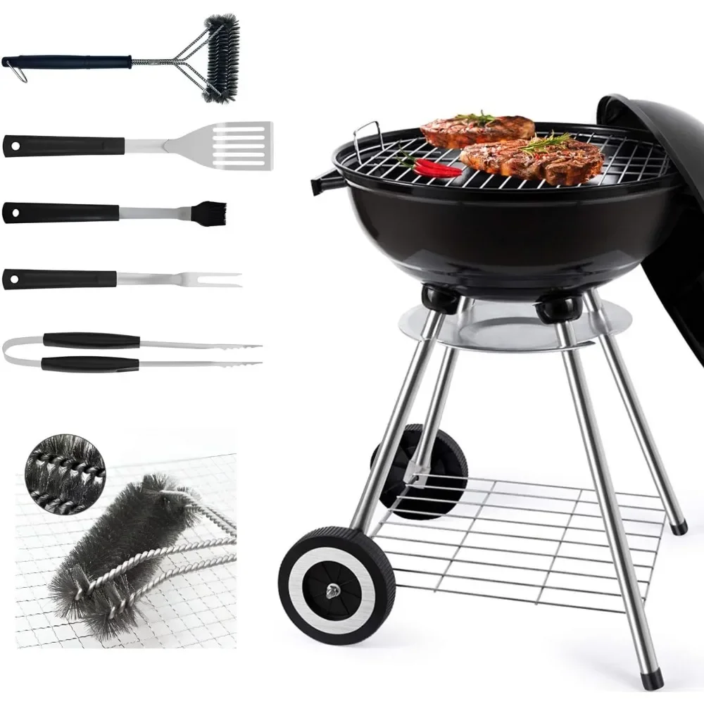 

22 Inch Portable Charcoal Grill with Accesories 5 Pieces Grilling Utensil for Outdoor Cooking Barbecue Camping BBQ Kettle Grill