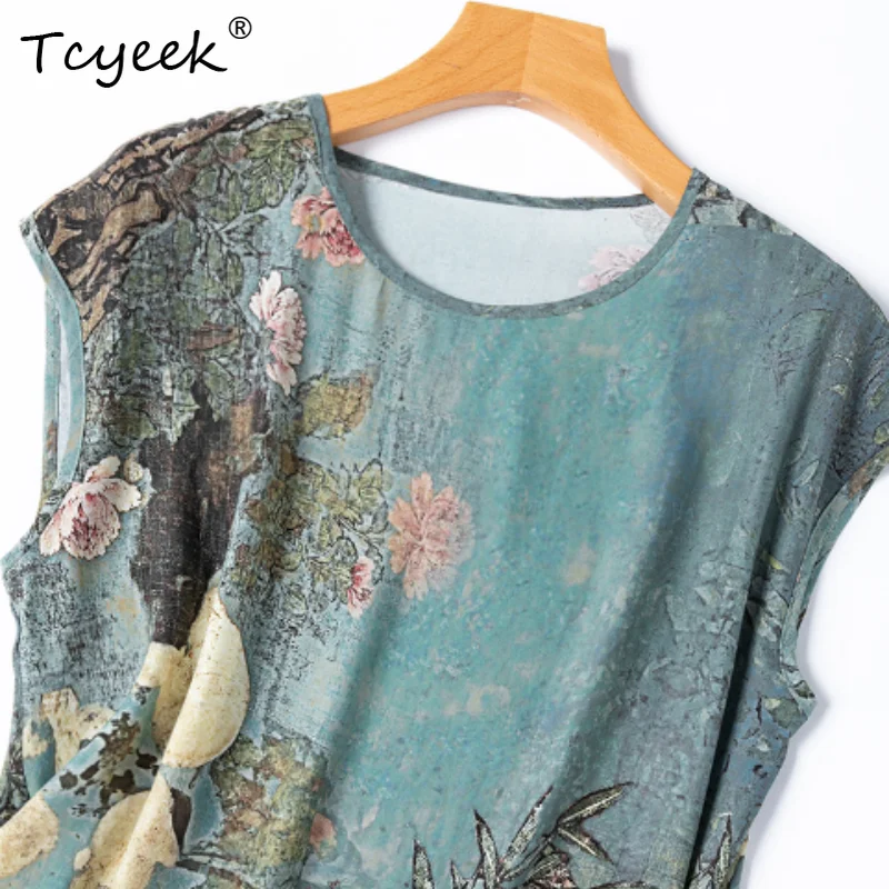 

Tcyeek Summer 100% Mulberry Silk Tshirts,O-collar High Quality Shirt,Loose Tops Floral Printed Holiday Beach Tees T55601JF