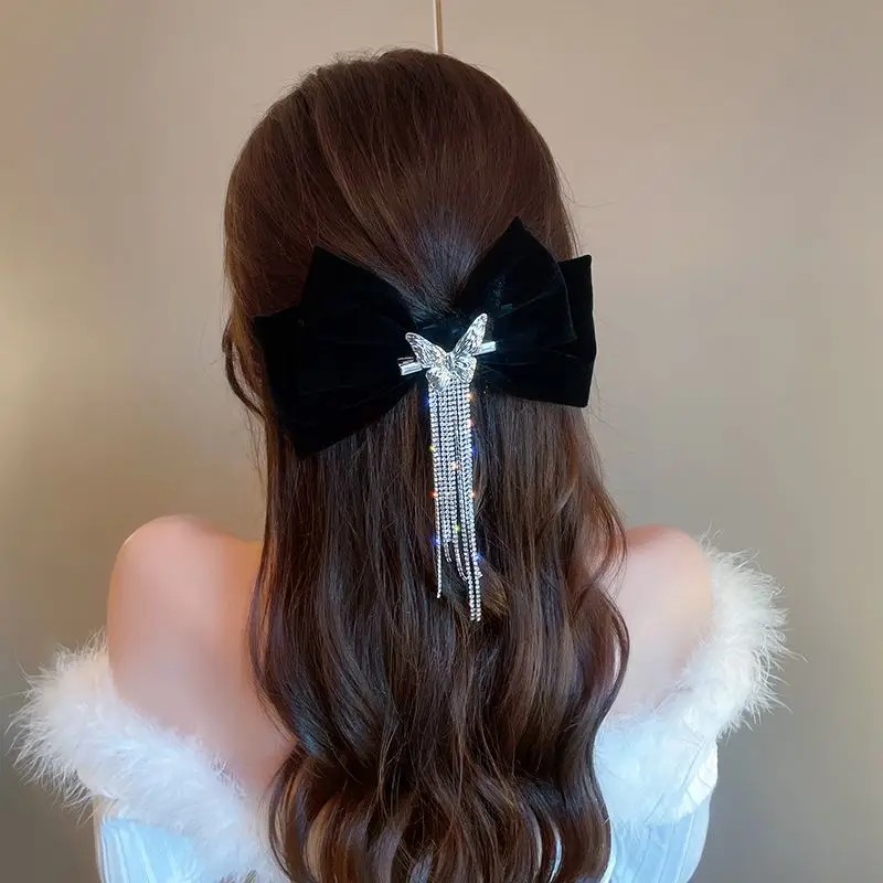 Rhinestone Tassel Bow Hairpin Chapelaria para Mulheres, Luxo Cabeça Jóias, Acessórios Do Cabelo Do Casamento, Moda, Atacado