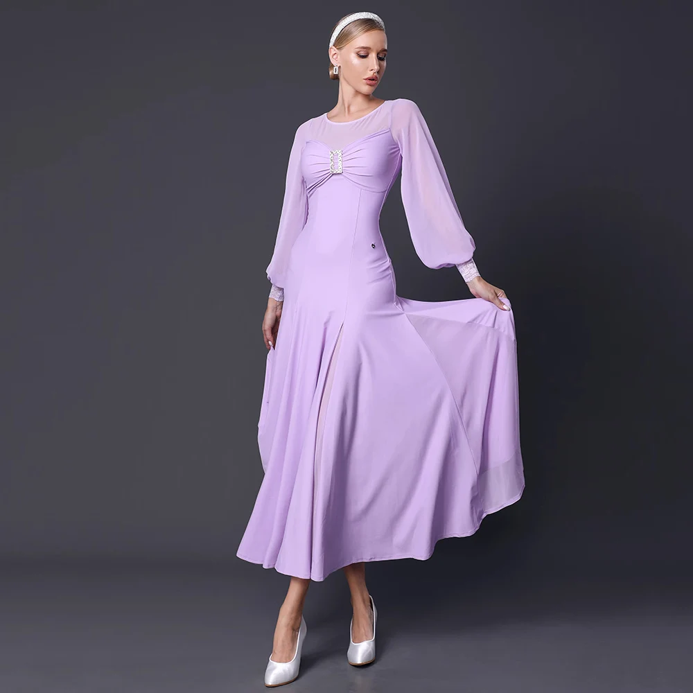 Personalizado 2025 novo vestido de dança de salão feminino competição trajes de dança moderna manga longa padrão valsa vestidos palco wear
