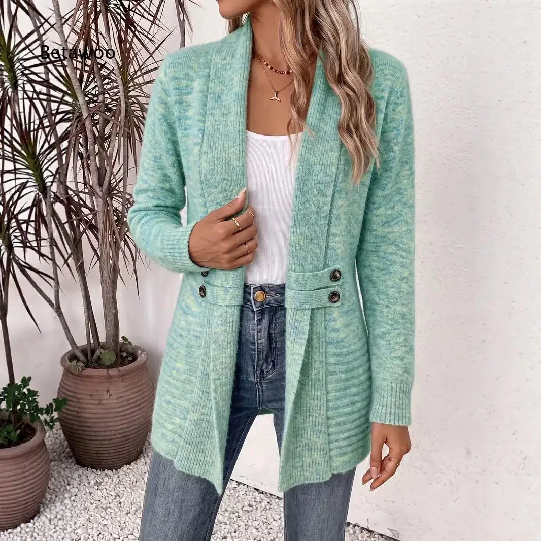Damen Casual Doppelreihiger Dekorativer Riemen-Cardigan im Lässigen Stil, Vielseitiger Mittellanger Pullover, Geeignet für Tägliche Kombinationen in Vielen Ausführungen