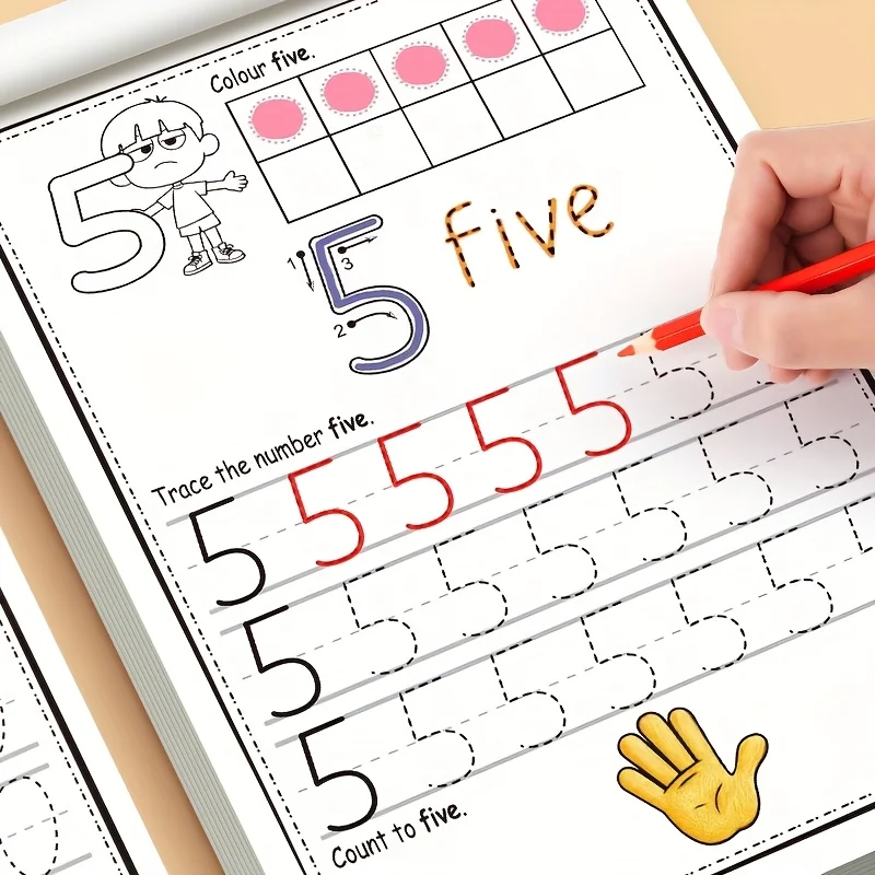 

Рабочая тетрадь по математике для детей младшего возраста, включающая структурированные упражнения для изучения числового словаря, счета на десятичной рамке, обучение пошаговому обводу и распознаванию чисел.