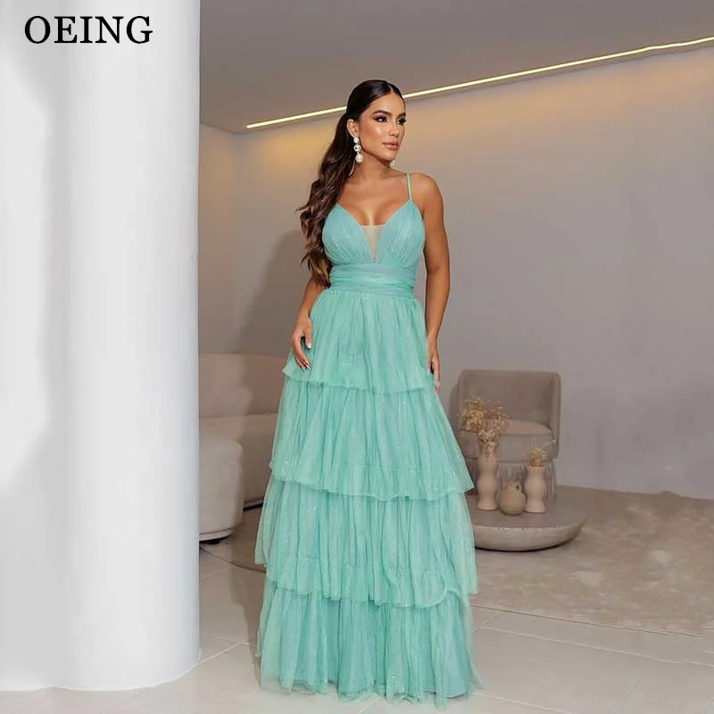 

OEING Women Mint Prom Dresses Strapless Spaghetti Strap Tulle Layered Long Evening Gowns Formal Party Dress Vestido De Noche