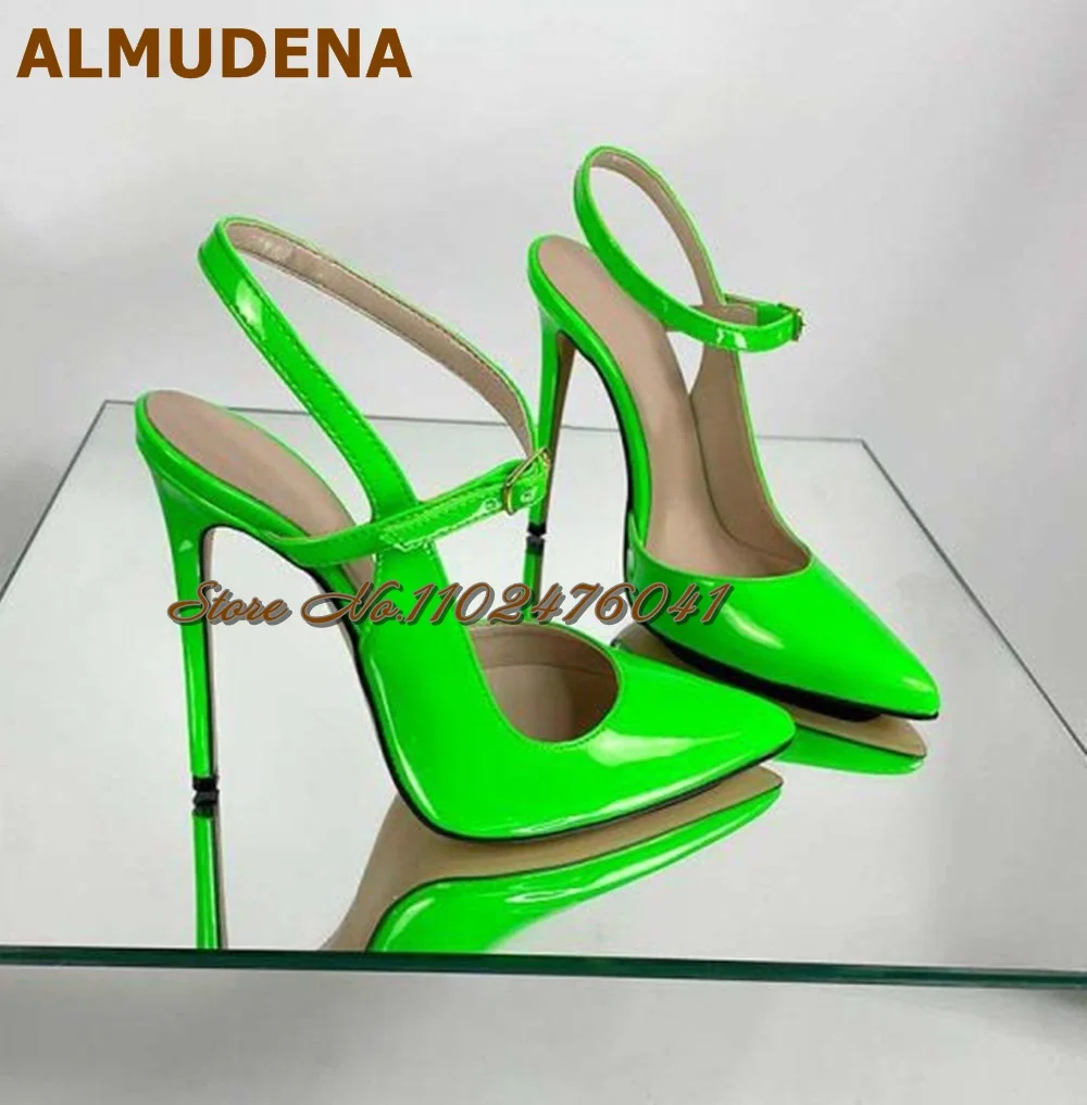 

ALMUDENA Pink Green Patent Leather Buckle Strap Dress Pumps 12Cm Sky High Slingback Pointed Toe Party Shoes 10Cm 8Cm Shallow