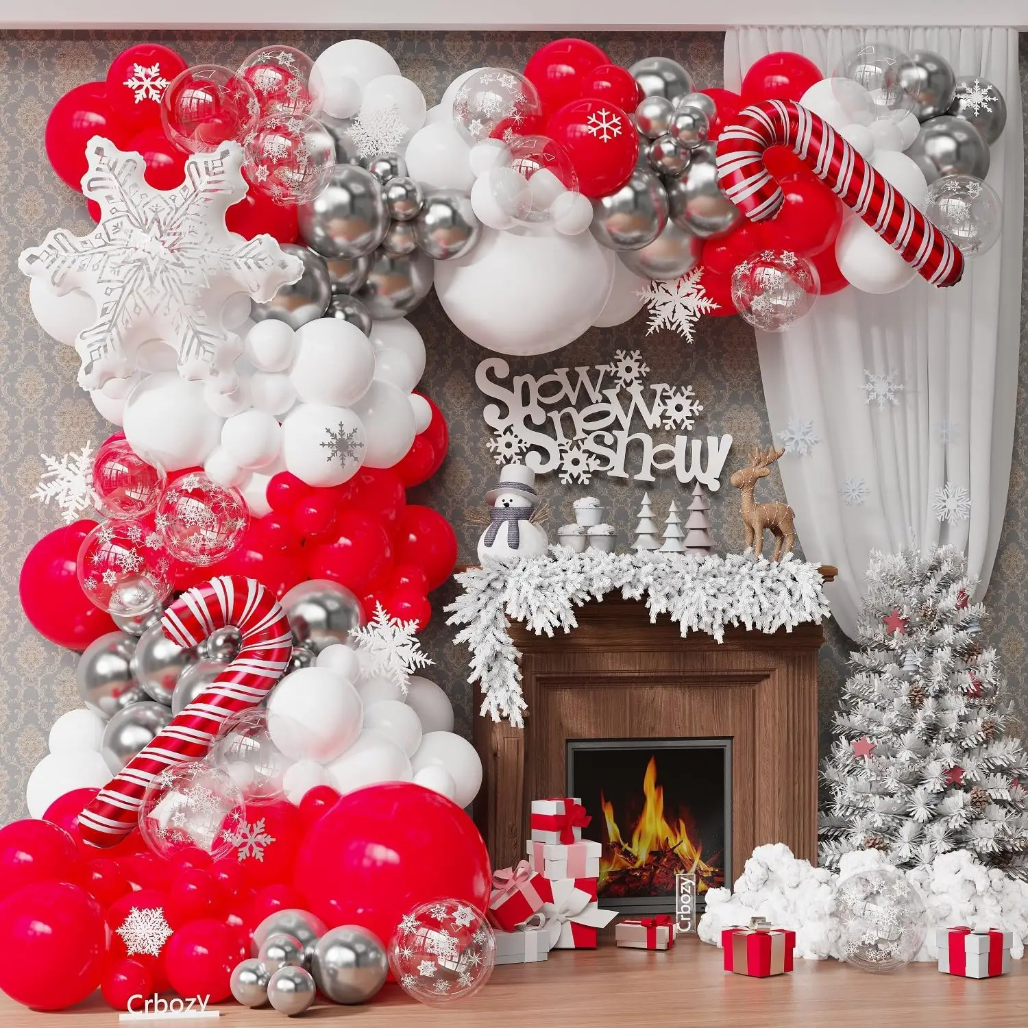144Pcs Christmas Balloon Arch Garland Kit, Red White Silver Transparent Snowflake Latex Balloons with Candy Cane Foil Balloons for Christmas Winter Wonderland Baby Shower Birthday Party Decorations