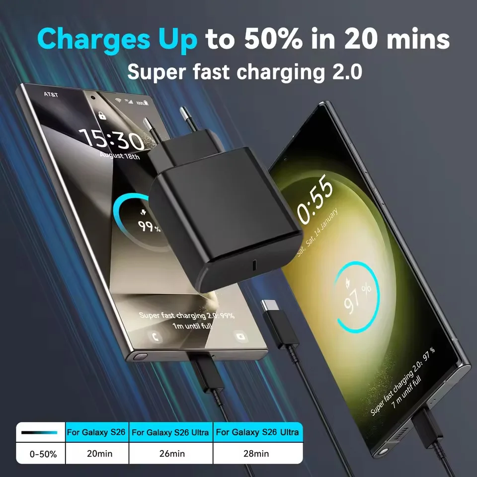 For Samsung 60W Super Fast Charger For Samsung Galaxy S26 S25 S24 S23 S22 S21 Ultra USB 5A Fast Charging Cable EU Plug Adapter