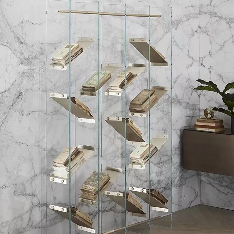 

Wrought iron tempered glass bookshelf creative bookcase display shelf modern simplicity