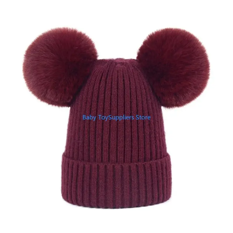 

R1WF Winter Baby Wool Warm Caps Fur Ball Knitted Hemming Hat