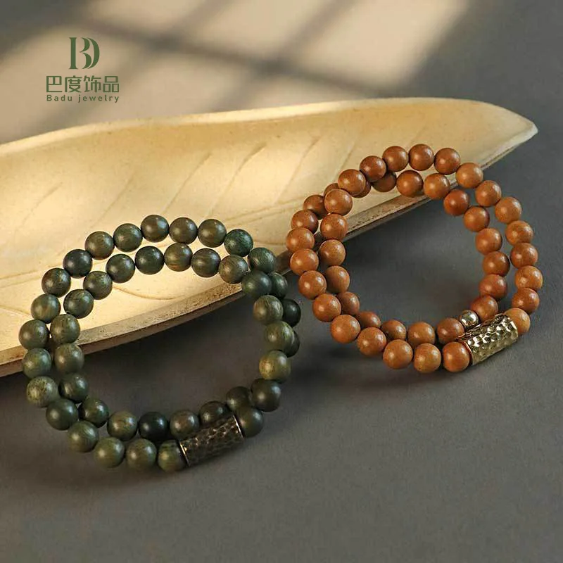 مم الأخضر دائرة مزدوجة مطرز للرجال النساء الأدبية العرقية نمط خشب الصندل الأسود الخوخ الخشب الفن واللعب سوار محظوظ المجوهرات