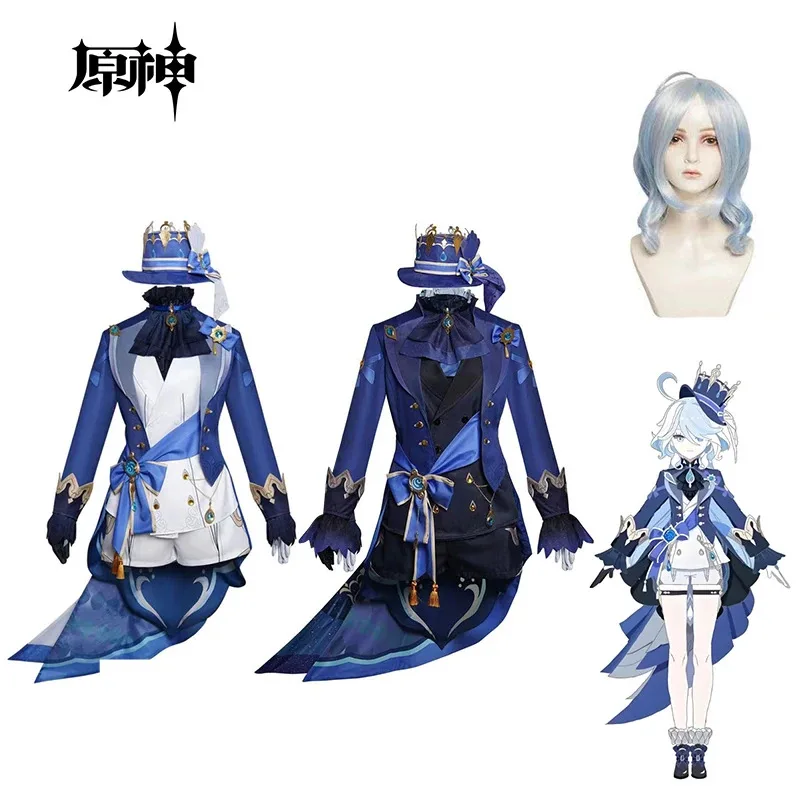 Furina Cosplay Costume Wig Hair Impact Fontaine Focalors with Hat Black Suits High Heel Cosplay Shoes for Women Outfits