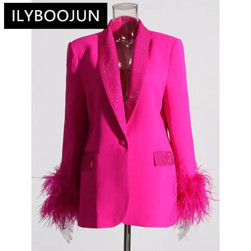 ILYBOOJUN Temperament Loose Blazers For Women Shawl Collar Long Sleeve Spliced Feather Chic Blazer Female Fashion Clothing