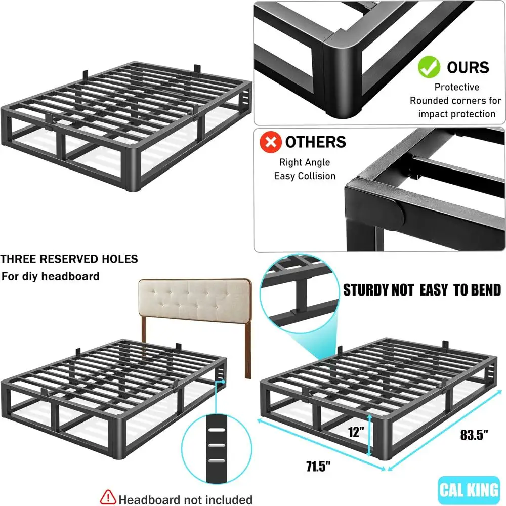إطار سرير معدني شديد التحمل بحجم كاليفورنيا مع زوايا مستديرة وفتحة لوح أمامي، يدعم ما يصل إلى 3500 رطل، بدون زنبرك صندوقي