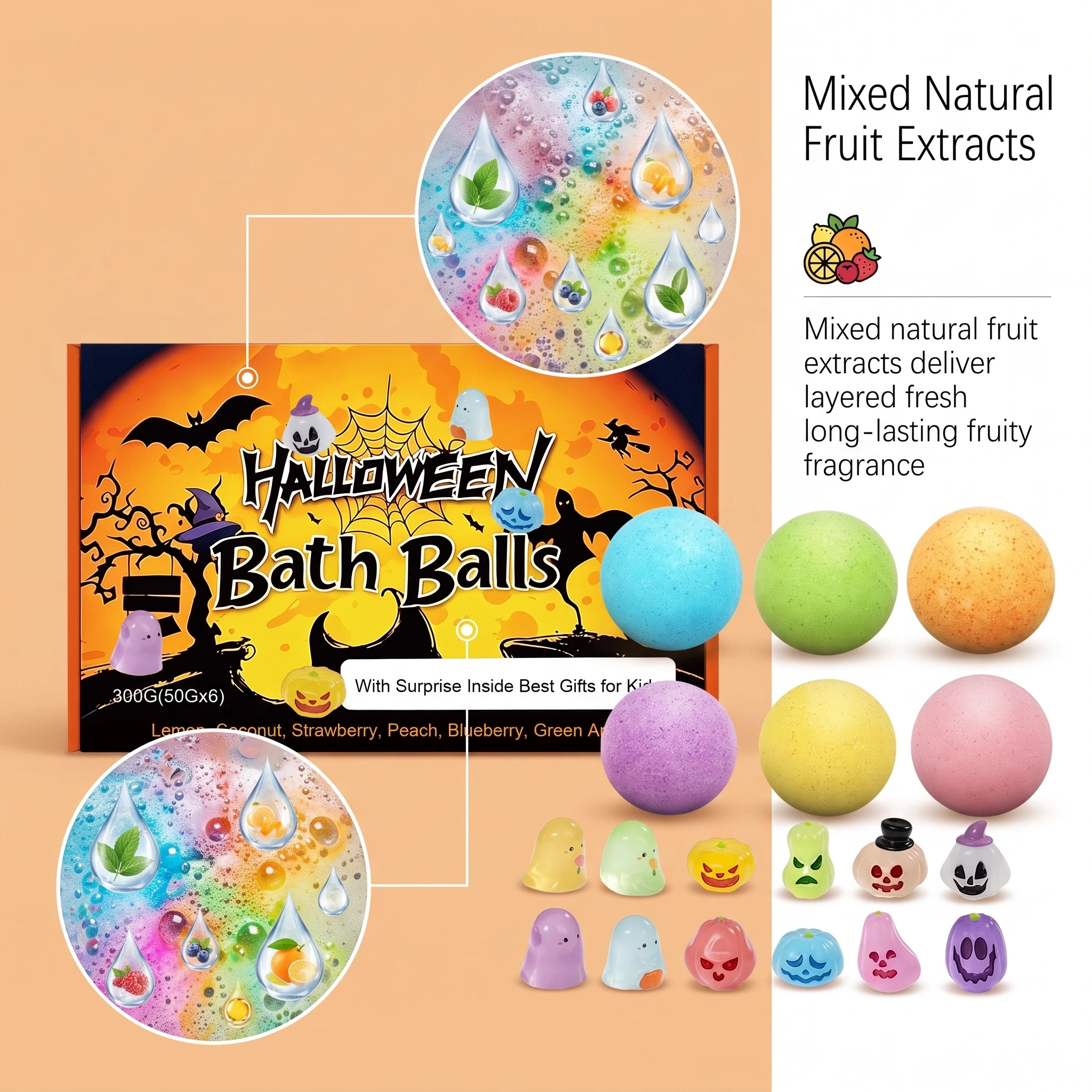 6 Pack Kids Halloween Bath Bombs Gift Set Toy Inside Rich Foam Multiple Fruit Scents Gentle Fun Bath Time