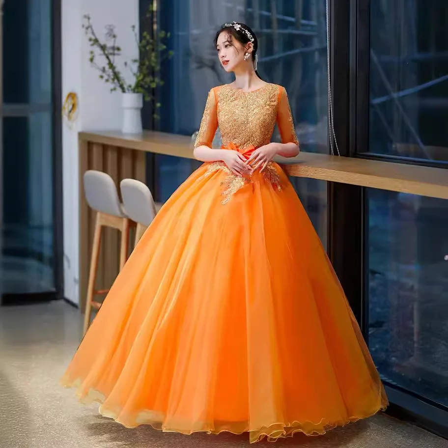 Vestidos de quinceañera naranja, lazo dulce de 16 años, fiesta de graduación, Vintage, largo hasta el suelo, lentejuelas, vestido de baile, bordado de encaje, Media manga