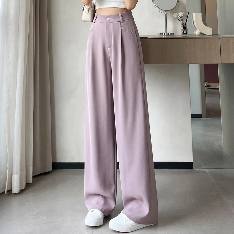 

2025 New Spring Summer Purple Wide Leg Suit Pants for Women High Waist Loose Straight Casual Slim Fit Trousers Female
