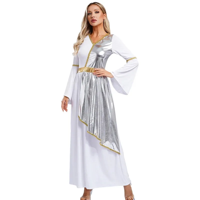 

Woman's Greek Aphrodite Nymph Halloween Cosplay Costume Shiny Bell Long Sleeve Maxi Robe Dress Church Choir Prayer Gown