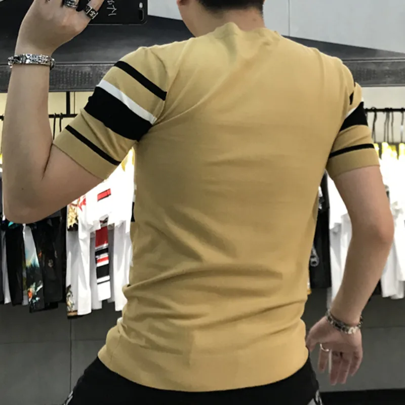 2023Tee Shirt Homme Personalized Striped Contrast Heat Drill Slim Fit Elastic Ice Silk Short Sleeve T-shirt Round Neck MenTshirt