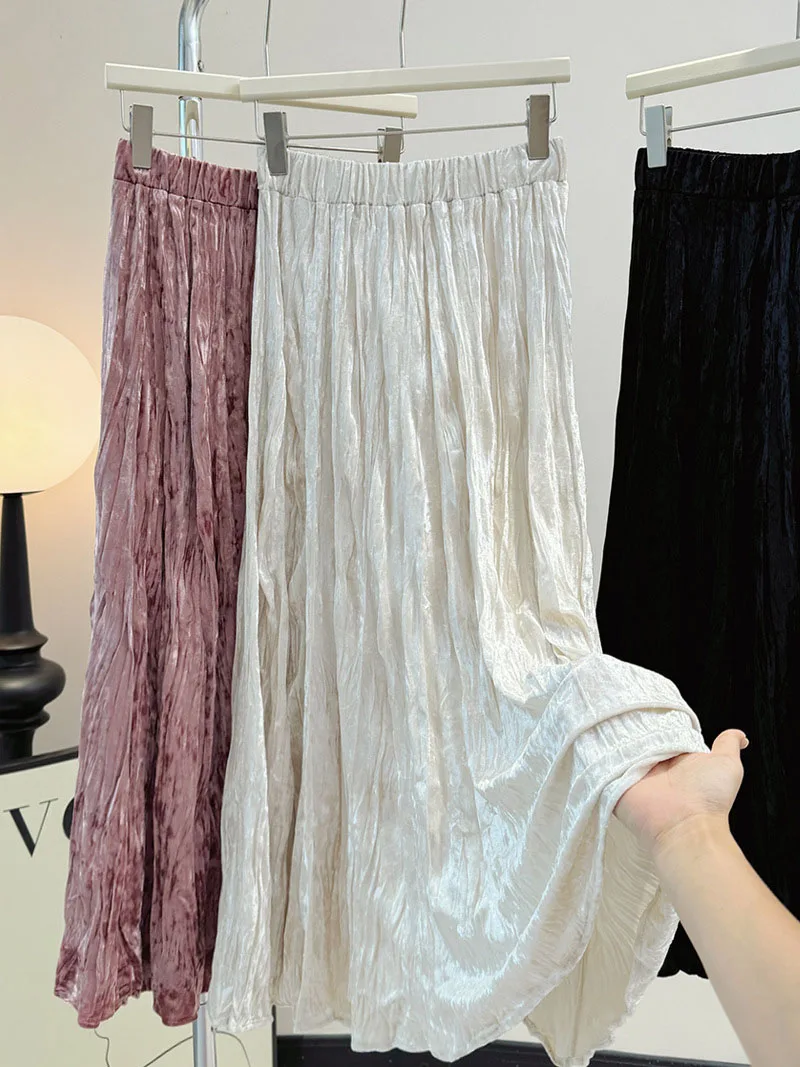 Women Pleated Velvet Skirt Autumn and winter Korean All-match Elastic Waist Skirt 2024 New Casual A-line Long Skirt Female