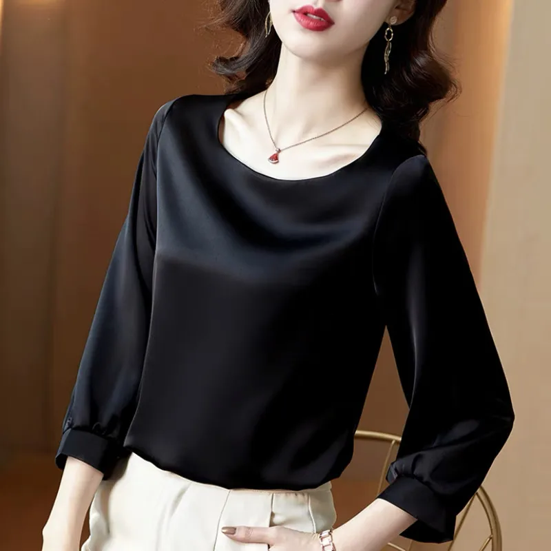 Silk Shirts Women nine quarter Sleeve Shirts Women Satin Clothing Shirt Office Lady Solid Silk Blouse 2024 Fashion Top mujer