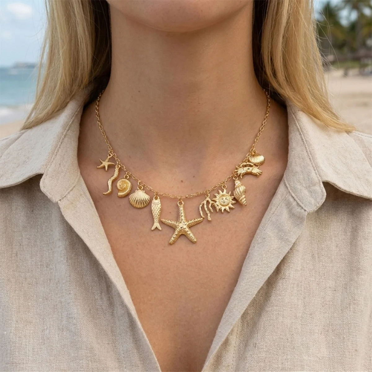 Boho Küsten-Halskette mit Seestern, Muschel, Seepferdchen, Schnecke, Fisch, Kokosnussbaum-Anhänger für Damen und Herren, Sonnen-Hummer-Choker, Sommer-Schmuck – Detail 15