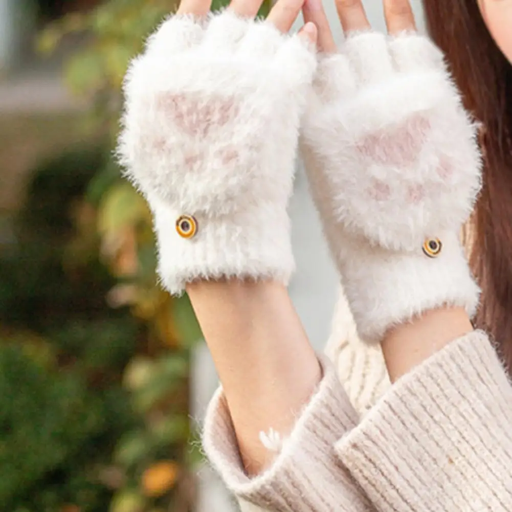 

1 Pair Women Winter Gloves Cute Cat Paw Shape Soft Thick Plush Gloves Elastic Flip-finger Knitted Five Fingers Warm Lady Gloves