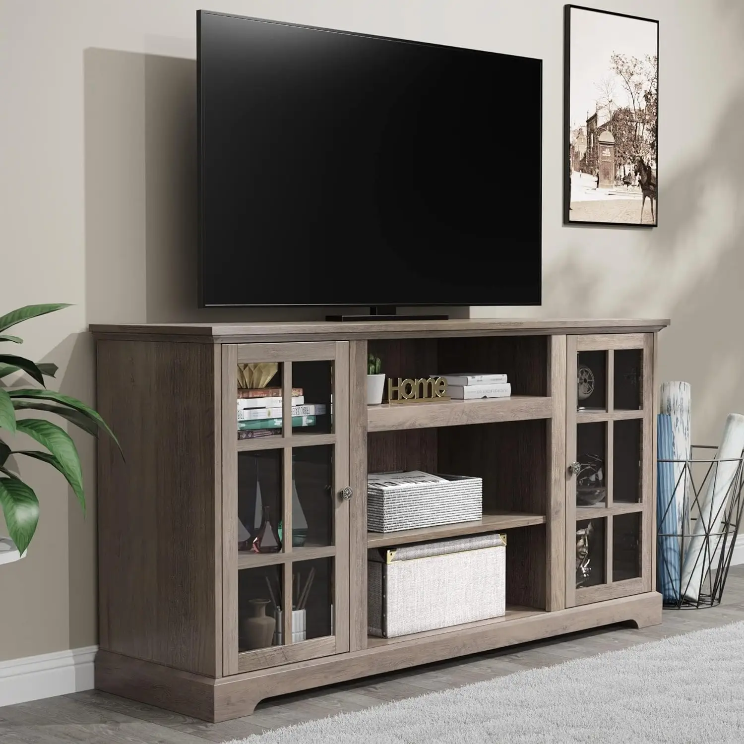 Farmhouse TV Entertainment Center Stand, 65 "TV, 58" Modern Stand com porta de vidro, console alto ou armário de armazenamento