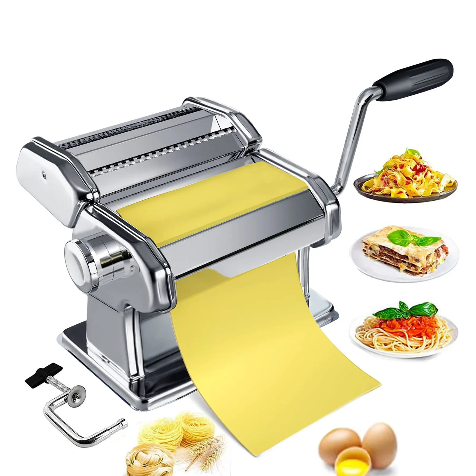 0.5-2.5mm Hand Crank Noodle Machine Stainless Steel Dough Roller Pasta Maker 7 Thickness Settings