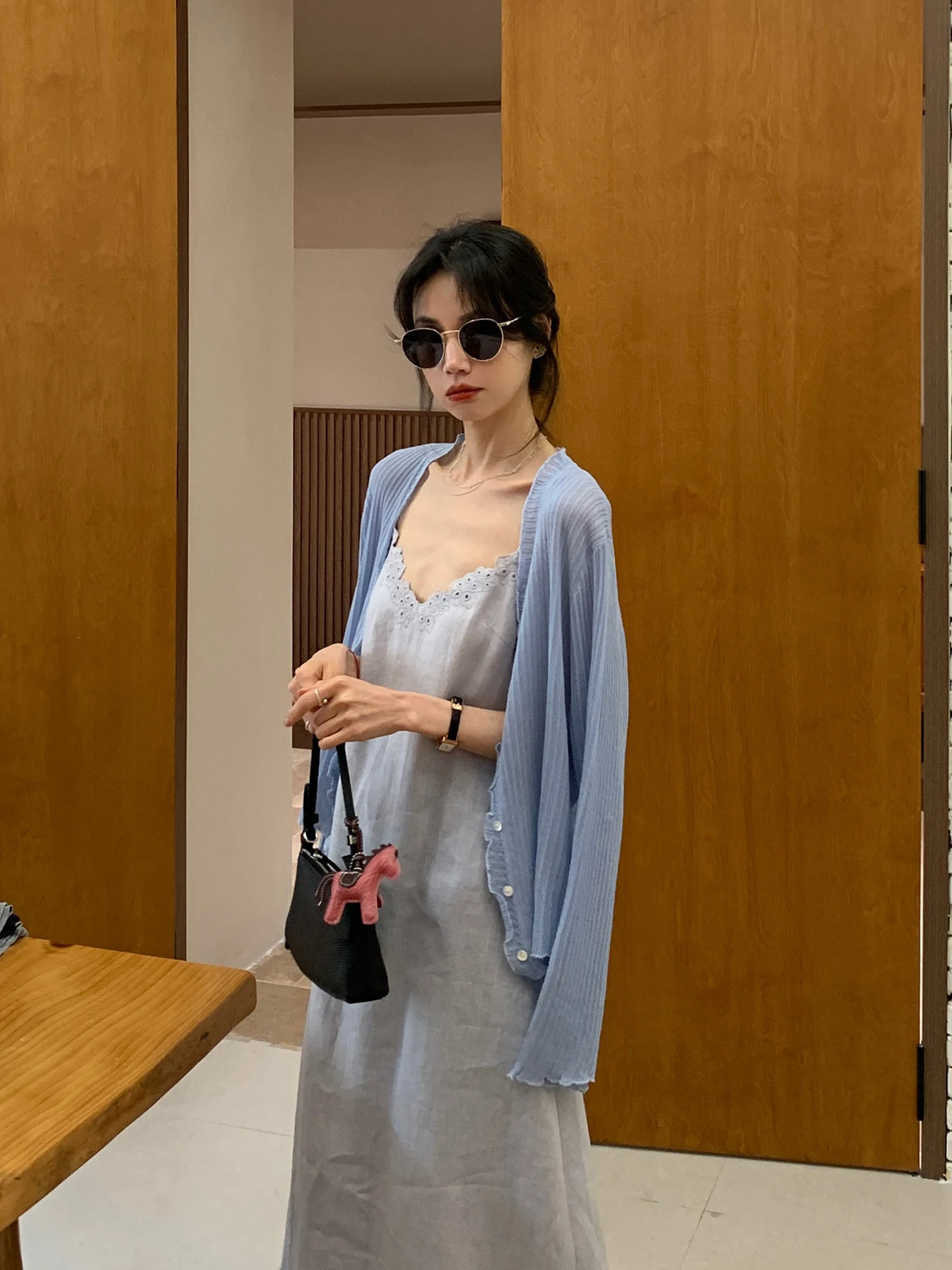 

BRIVIN Blue Lace Knitted Open Cardigan Women's Spring New Lazy Style Hollow out Light Weight Long Sleeve Mid-Length Top