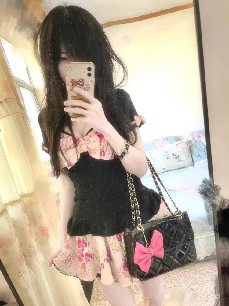 Women's Sweet Floral Print Two Piece Set Fairy Bow Slim Ruffle Crop Top + High Waist Mini Skirt Y2K Harajuku Fashion Skirt Set view 5