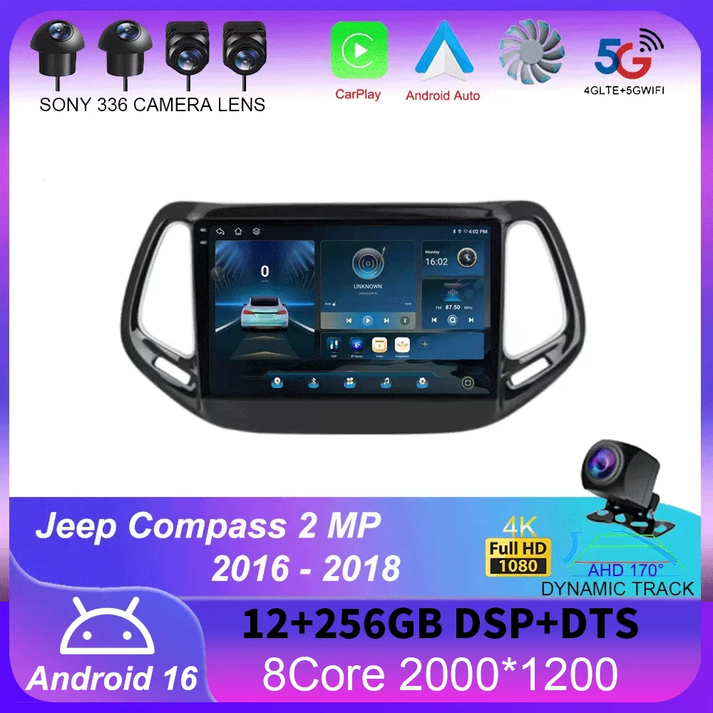 

Android 16 8G+256GB Wireless Carplay For Jeep Compass 2 MP 2016 - 2018 Car Radio Multimedia Video Player GPS Navigation DSP DVD