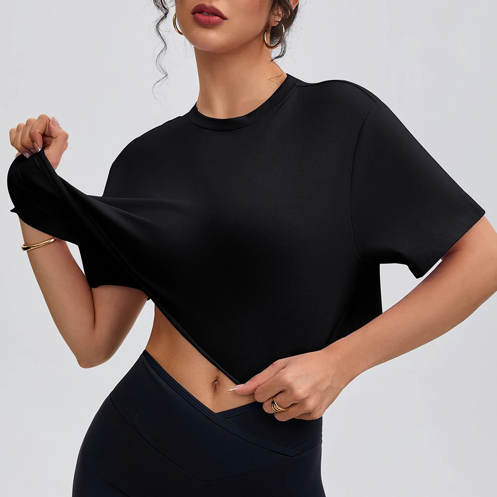 Anfilia Women Fashion Yoga Shirts Loose Fitting Crew Neck Short Sleeves 95% Cotton Breathable Gym Fitness Running Crop Tops image 3