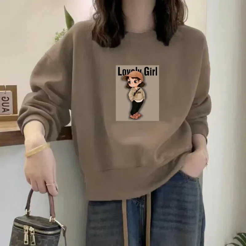 Letter Cartoon Printing Round Neck Pullover Women\'s Clothing Casual Loose Lantern Long Sleeve Crew Neck Spring Autumn Tops