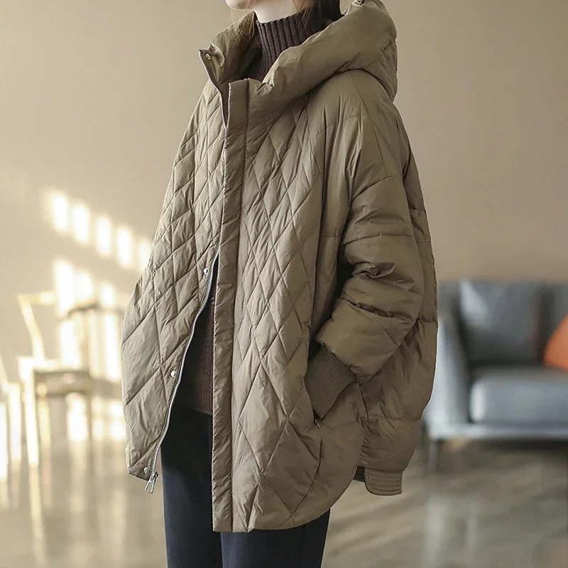 Women Light White Duck Down Jacket Casual Loose Over Size Autumn Winter Outwear with Hood Coat 2024 New Winter Coat Women