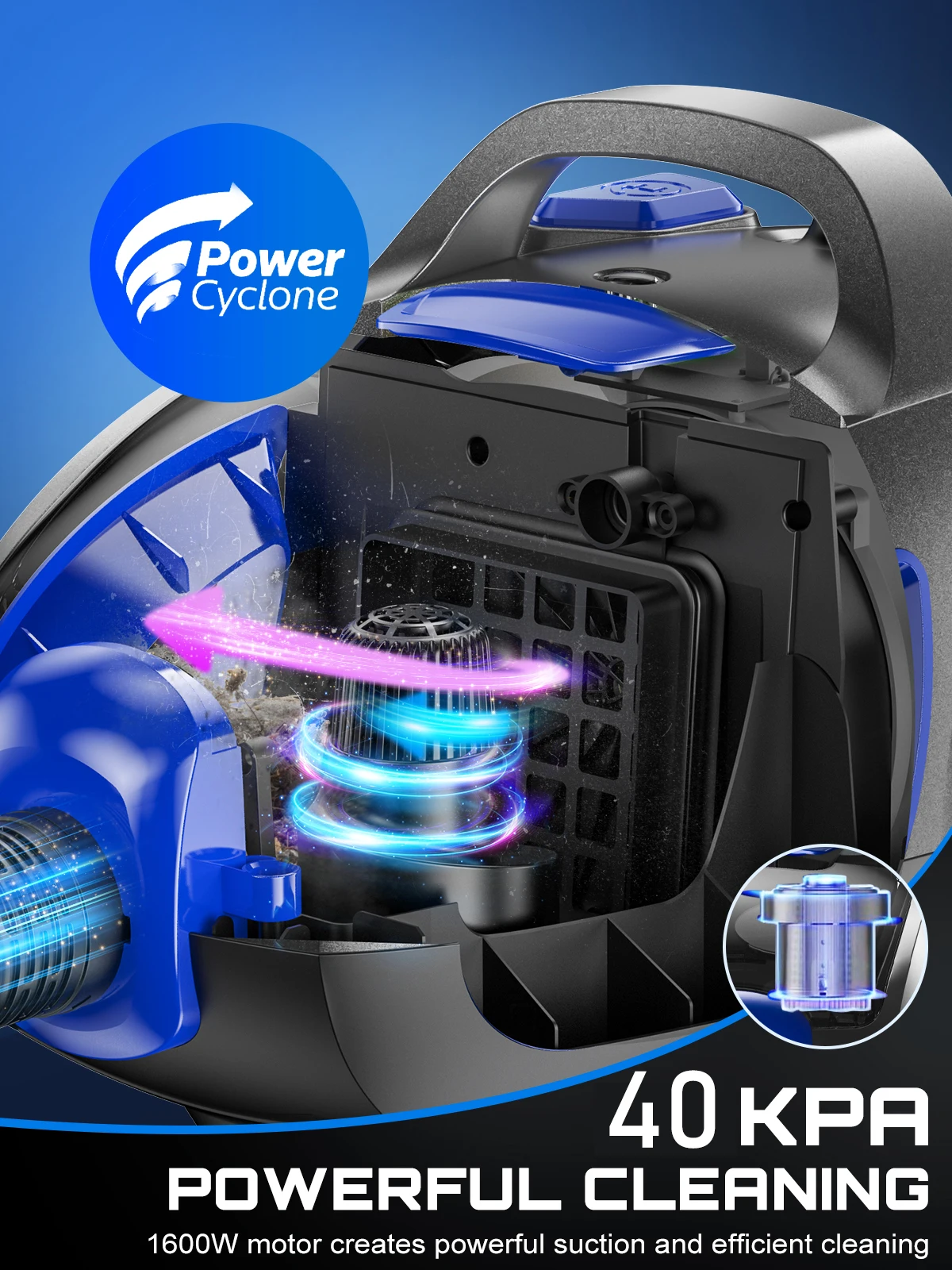 Canister Vacuum Cleaner, 40Kpa 1600W Powerful,3.7QT Large Dust Cup Vacuum for Hard Floors, Carpets, Pet Hair