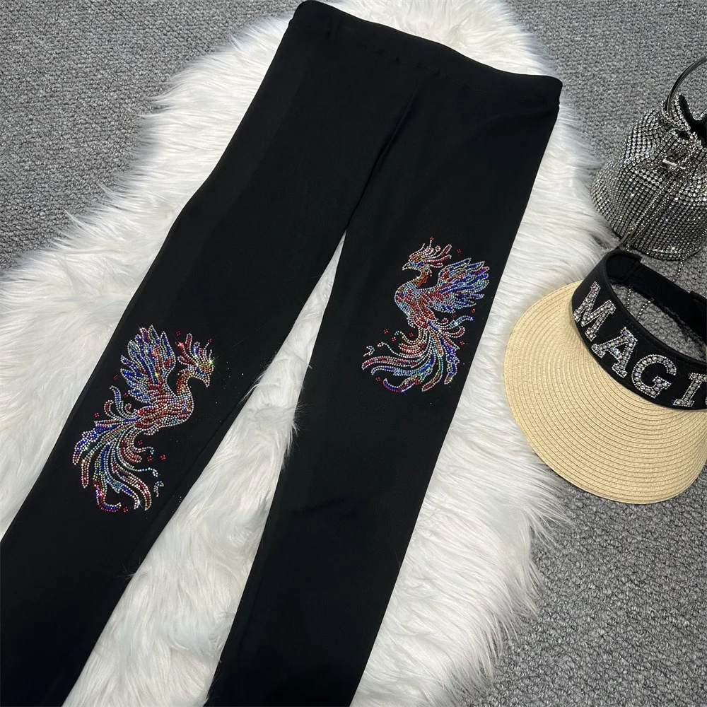 High Waist Women Black Skinny Bottoming Pants 2026 New Spring Autumn Hot Diamonds Phoenix Ankle-length Stretch Slimming Leggings