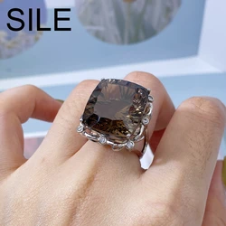 SILE 100% 925 Sterling Silver Fine Jewelry Luxury Women Square Smoky Quartz Ring Natural Gemstone Ring Party Birthday Jewel Gift