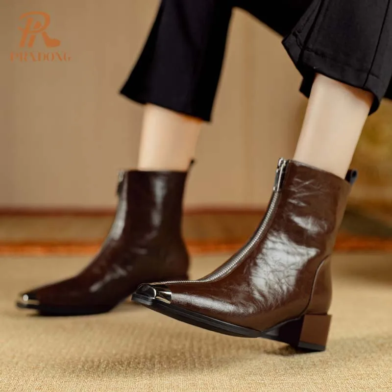 PRXDONG Genuine Leather Shoes 2024 New Fashion Autumn WInter Warm ANkle Boots Black Brown Zipper Dress Party Office Lady SHoes