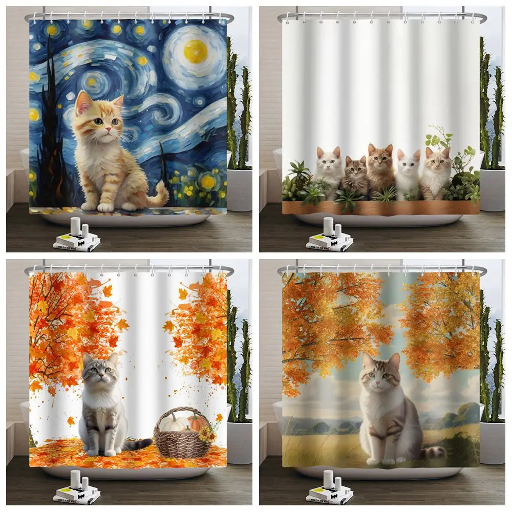 

3D Printing Cute Cat Bathroom Shower Curtain Art Painting Waterproof Polyester Fabric Home Bathtub Decor Curtain with Hooks