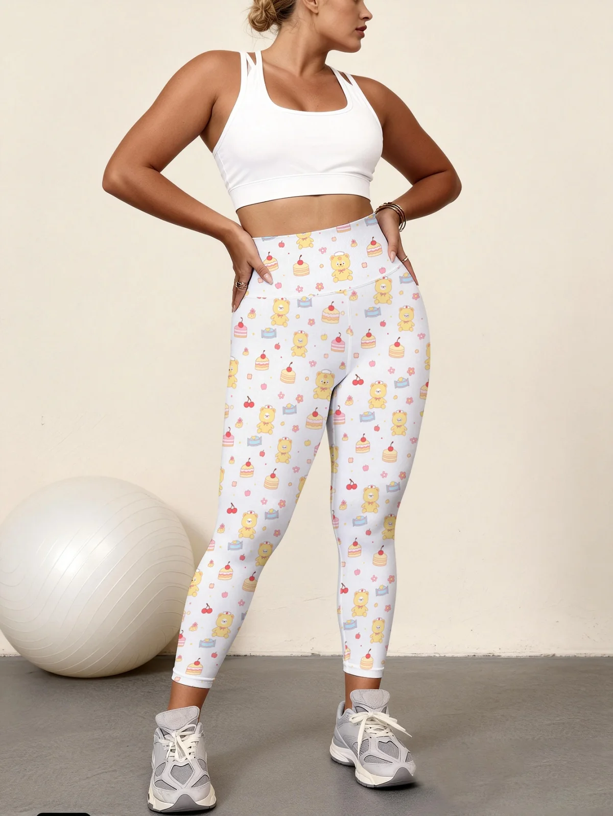 

Женские брюки для йоги с высокой талией, с принтом в виде белого мишки и десерта, с высокой эластичностью, быстросохнущие, спортивные леггинсы.
