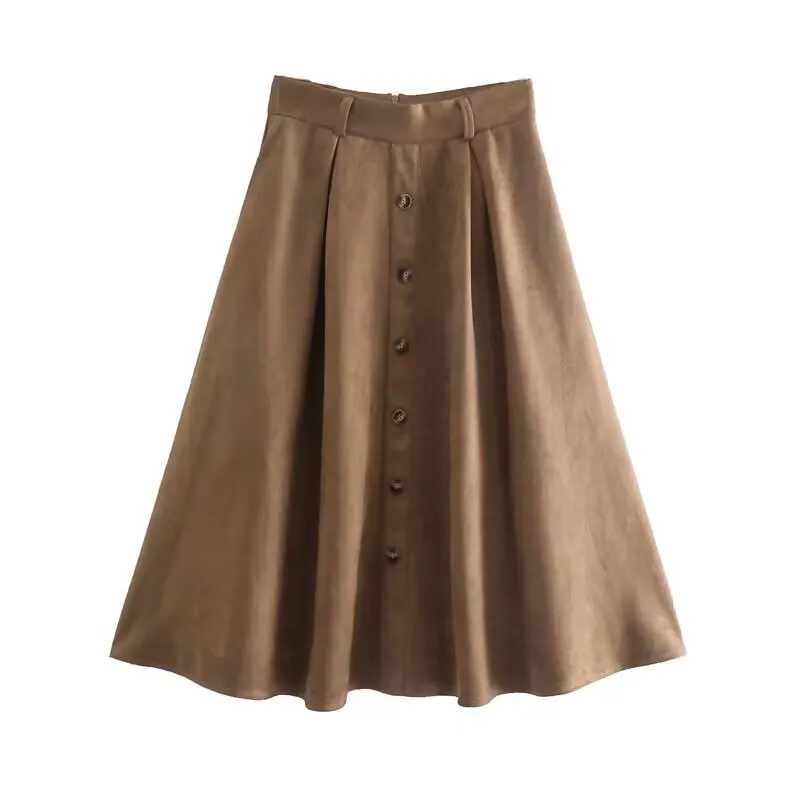 

Women's Autumn Vintage Suede Pocket High-Waist Skirt Fashionable Simple Versatile Slimming Button Detail Petticoat