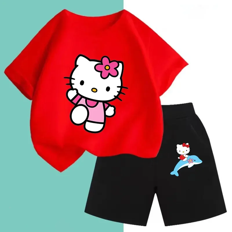 Hello Kitty Kids Tshirt Set Kuromi Girls T-shirts Short Sleeve Streetwear Pullover Baby Boy Clothes Sets Casual Sanrio Tops