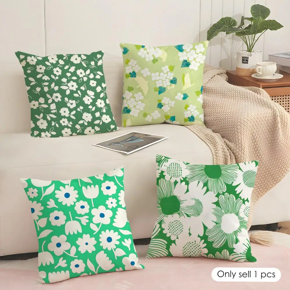 Fresh Green Floral Design Cushion Cover Soft Short Plush Pillow Cover Smooth Cozy Texture Aesthetic Cushion Case Home Decor