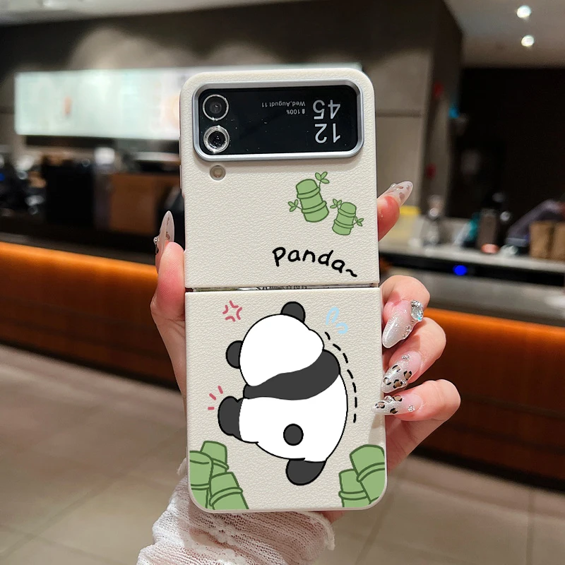 For Samsung Galaxy Z Flip6 Flip5 Flip4 Case Headless Panda Leather Texture Silicone Folding Cover For Samsung Z Flip 6 5 4 3