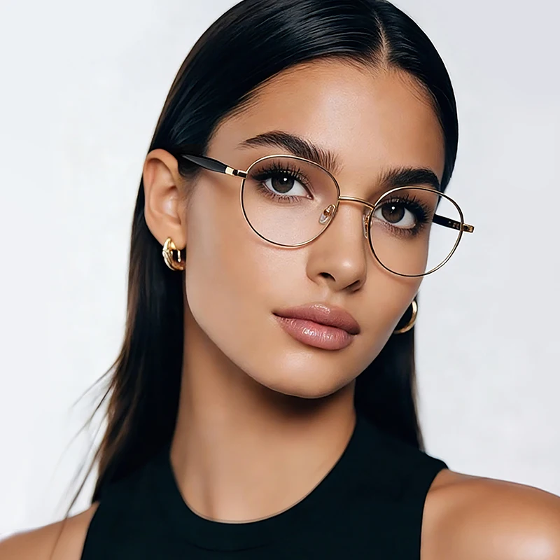 

Модная круглая оправа для женских очков из сплава с полным ободком, противоскользящие дужки, ультралегкие очки для стильного повседневного образа и комфортной посадки 3182