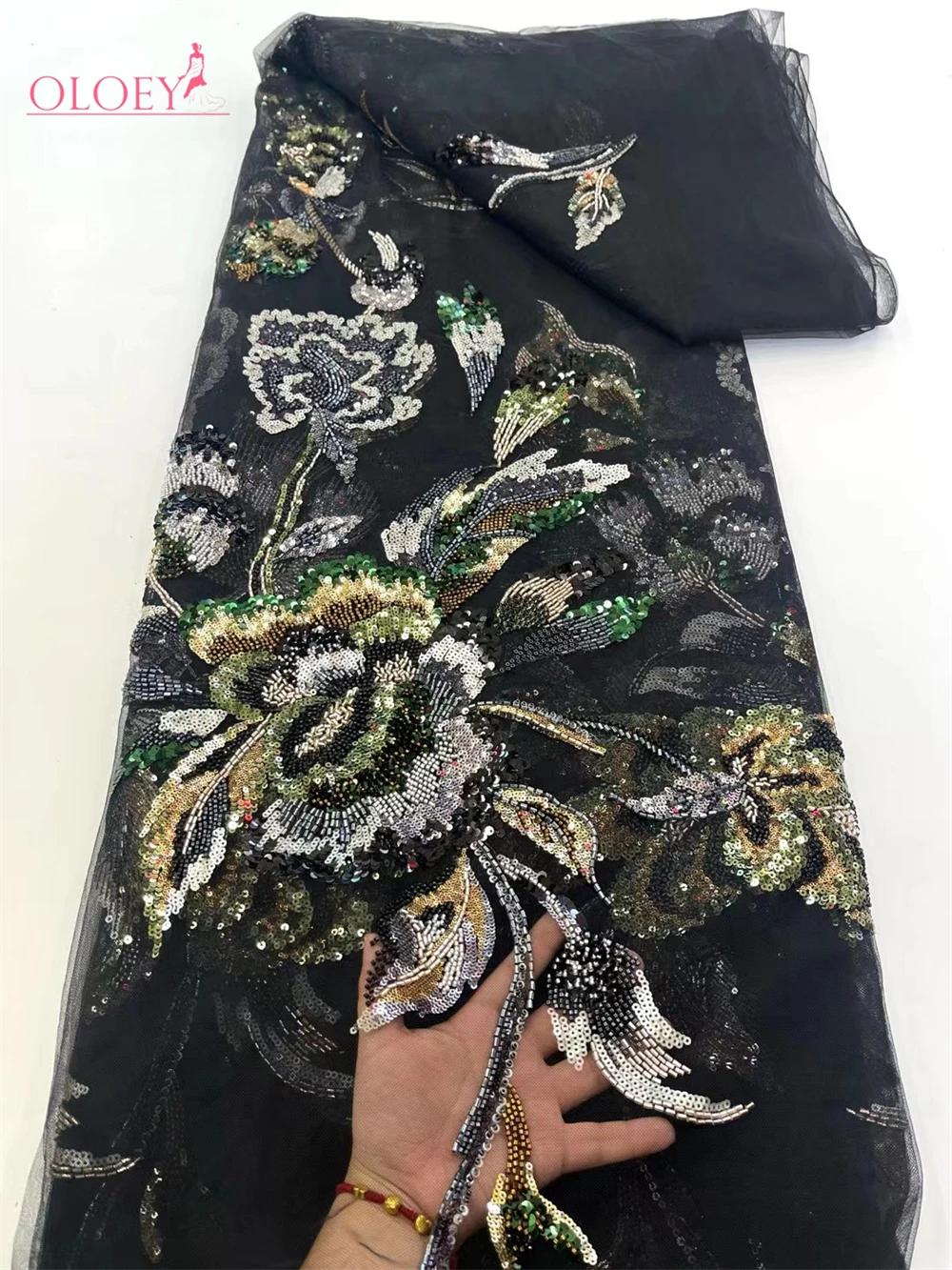 OLOEY Última Novedad en Venta, Tela de Encaje Africana de Moda, Encaje Bordado a Mano de Alta Calidad con Cuentas y Lentejuelas para Vestido de Fiesta o Boda
